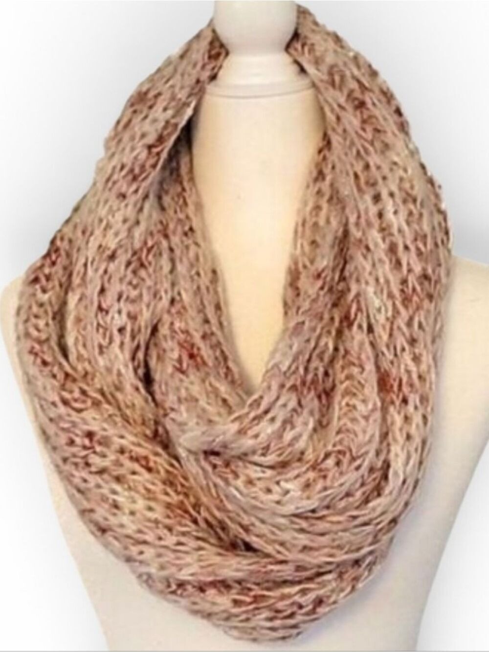 Handmade Soft Pink Cream Taupe Infinity Scarf 10x30